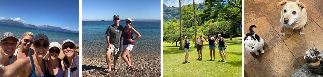 Pic 1: Lake Tahoe with my Matiska sisters. Pic 2: Croatia with my husband. Pic 3: Oahu with my Indigo sisters. Pic 4: Our begging fur babies - Mad Max, Tag, and Tikka Bell